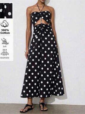 Black and White Polka Dot Cutout Maxi Dress